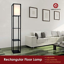 Load image into Gallery viewer, Floor Lamp with Shelves - Room Light by Lightaccents - Corner Storage Standing Bookshelf Lamp - Bedroom Light with Wooden Storage Shelves and White Cotton Linen Shade (Black)
