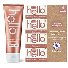 Load image into Gallery viewer, Hello Sensitivity Relief and Whitening Fluoride Toothpaste for Sensitive Teeth, Soothing Mint with Coconut Oil, Vegan, SLS Free, Gluten Free and Peroxide Free, 4.7 Ounce (Pack of 4)
