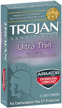 Load image into Gallery viewer, Trojan Condom Sensitivity Ultra Thin Spermicidal, 12 Count (Packaging May Vary)
