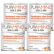 Load image into Gallery viewer, Puramino Hypoallergenic Baby Formula Powder for Severe Food Allergies, 14.1 ounce (Pack of 4) - Omega 3 DHA, Probiotics, Iron, Immune Support
