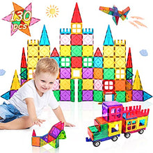 Load image into Gallery viewer, Lati 130 pcs Magnetic Tiles, Magnet Building Blocks for Kids STEM Construction Set Clear Imagination Inspirational Educational Magnetic Toys for 3 4 5 6 7 Years Old Boys Girls Gifts with 2 Cars
