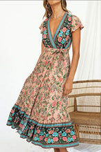 Load image into Gallery viewer, ZESICA Women's Bohemian Floral Printed Wrap V Neck Short Sleeve Split Beach Party Maxi Dress Nude

