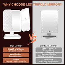 Load image into Gallery viewer, MGLIMZ Trifold Makeup Vanity Mirror with Lights 1x/2x/3x Magnification Lighted Make Up Mirror LED Desk Mirror with Stand Touch Screen 180 Degree Rotation Dual Power Portable Light Up Cosmetic Mirror
