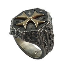 Load image into Gallery viewer, Knights Templar Maltese Cross Mens Ring Fleur De Lis Silver 925 and 10K Gold Masonic Jewelry
