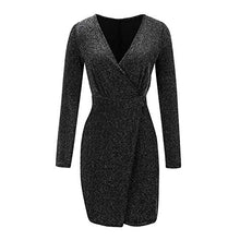 Load image into Gallery viewer, BONFASH Women's Sexy Sequin Dress Deep V Neck Long Sleeve Bodycon Stretchy Mini Evening Dress Black
