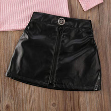 Load image into Gallery viewer, Kids Baby Girls Outfits Off Shoulder Sweater Tops+PU Leather Mini Skirt 2PCS Set Winter Clothes(Pink+Black, 18Months-2 T)
