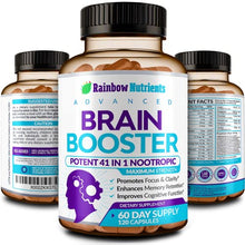 Load image into Gallery viewer, 41 in 1 Brain Booster Supplement for Focus, Memory, Clarity, Energy, Concentration | Natural Nootropics Brain Support Supplement with DMAE, Bacopa Monnieri &amp; More | for Men &amp; Women | 120 V Capsules
