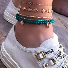 Load image into Gallery viewer, Aimimier Bohemia Evil Eye Shell Anklet Set 5Pcs Green Blue Beads Ankle Bracelet Boho Beach Jewelry for Women and Girls
