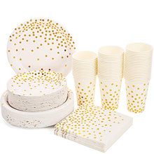 Load image into Gallery viewer, White and Gold Party Supplies 200PCS Disposable White Paper Plates 12oz Cups Napkins Dinnerware Set Golden Dot Theme Party Bridal Shower Birthday Wedding Engagement, Serves 50
