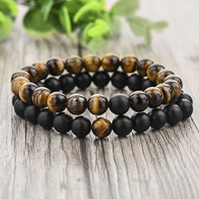 Load image into Gallery viewer, Long Way 2 pcs Black Matte Agate &amp; Tiger Eye Gem Beads 8mm Double Matching Distance Bracelets 7.5" Z &amp; 7.9"
