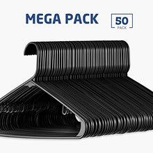 Load image into Gallery viewer, Black Standard Plastic Hangers (50 Pack) Durable Tubular Shirt Hanger Ideal for Laundry &amp; Everyday Use, Slim &amp; Space Saving, Heavy Duty Clothes Hanger for Coats, Pants, Dress, Etc. Hangs up to 5.5 lbs

