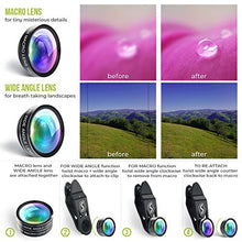 Load image into Gallery viewer, 5 in 1 Phone Camera Lens Kit - Optical Glass Attachment Set - 2X Zoom Telephoto, 198 Fisheye, 0.63X Wide Angle, 15X Macro, CPL Filter with Universal Clip Adapter for Cell Phones and Tablets (Black)
