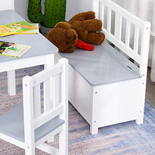 Load image into Gallery viewer, Qaba 4-Piece Set Kids Wood Table Chair Bench with Storage Function Toddlers Age 3 Years up, Grey and White
