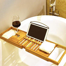 Load image into Gallery viewer, Wine Rack H Luxury Bamboo Bathtub Caddy Bath Tub Tray with Extending Sides Built in Book Tablet Holder Cellphone Tray &amp; Integrated Wineglass Holder and Other Accessories Placement
