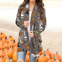 Load image into Gallery viewer, Women's Pumpkin Cat Cardigan Halloween Long Sleeve Open Front Knit Sweater Overwear Coat Plus Size Sweatshirt.S-5XL Gray
