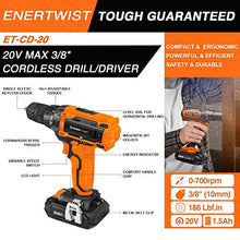 Load image into Gallery viewer, EnerTwist 20V Max Cordless Drill, 3/8 Inch Power Drill Set with Lithium Ion Battery and Charger, Variable Speed, 19 Positions and 28-Pieces Drill/Driver Accessories Kit, ET-CD-20
