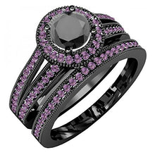 Load image into Gallery viewer, Dazzlingrock Collection Black Rhodium Plated 10K Round Amethyst &amp; Black Diamond Halo Engagement Ring Set, White Gold, Size 5
