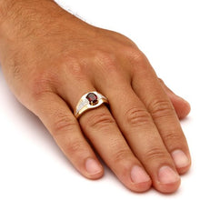 Load image into Gallery viewer, Men's 18K Yellow Gold over Sterling Silver Oval Cut Genuine Red Garnet and Diamond Accent Ring Size 11
