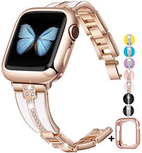 Load image into Gallery viewer, JSGJMY Bling Bands Compatible with Apple Watch Band 38mm 40mm 42mm 44mm with Case,Women Diamond Rhinestone Metal Jewelry Wristband Strap for iwatch Series SE/6/5/4/3/2/1 (Rose Gold+White,42mm/44mm)
