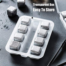 Load image into Gallery viewer, DERGUAM 8 Packs Fast-cooling 304 Stainless Steel Ice Cubes Whiskey Stones Whiskey Rocks With Nonslip Ice Tong&amp;Wine Opener&amp;Freezer Storage Tray Great for Whiskey,Wine,Beer,Juice or Soda
