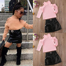 Load image into Gallery viewer, Kids Baby Girls Outfits Off Shoulder Sweater Tops+PU Leather Mini Skirt 2PCS Set Winter Clothes(Pink+Black, 18Months-2 T)
