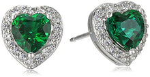 Load image into Gallery viewer, Sterling Silver Created Emerald and Created White Sapphire Halo Heart Stud Earrings
