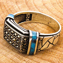 Load image into Gallery viewer, Solid 925 Sterling Silver Rings for Men Turkish Handmade Simulated Turquoise on Band Luxury Design Premium Quality (11.25)
