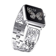 Load image into Gallery viewer, Secbolt Carved Flower Bling Bands Compatible with Apple Watch Band 38mm 40mm 41mm iWatch Series 7/6/5/4/3/2/1/SE, Stainless Steel Dressy Jewelry Diamond Bracelet Bangle Wristband Women, Silver
