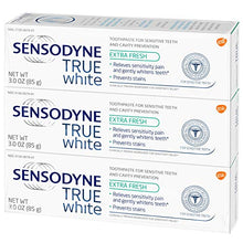Load image into Gallery viewer, Sensodyne True White Sensitive Teeth Whitening Toothpaste for Stained Teeth, Cavity Prevention and Sensitive Teeth Treatment, Extra Fresh - 3 Ounces (Pack of 3)
