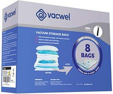 Load image into Gallery viewer, Vacwel Vacuum Storage Bags for Clothes. Space Saver Bags 28" x 20" for Small to Medium Size Garments with Advanced Airtight Ziplock Sealing. Free Handpump for Travel (8 Bags Pack)

