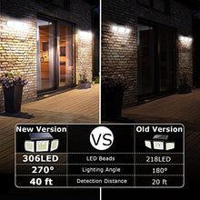 Load image into Gallery viewer, Claoner Solar Security Lights Outdoor Motion Sensor, 306 LED Solar Outdoor Lights 2 Packs Wireless Solar Flood Lights Outdoor Motion Sensor 3 Heads 270° Wide Angle IP65 Waterproof Wall Lights
