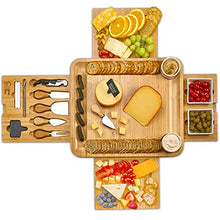 Load image into Gallery viewer, Cheese Board 2 Ceramic Bowls 2 Serving Plates. Magnetic 4 Drawers Bamboo Charcuterie Cutlery Knife Set, 2 Server Forks, Wine Opener, Labels, Markers, Gift for Birthdays, Wedding Registry,Housewarming
