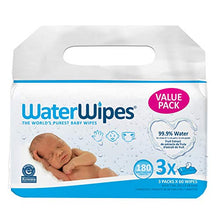Load image into Gallery viewer, WaterWipes Original Baby Wipes, 99.9% Water, Unscented &amp; Hypoallergenic for Sensitive Newborn Skin, 3 Packs (180 Count)
