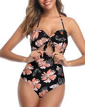Load image into Gallery viewer, Tempt Me Women Floral Sexy Cutout One Piece Swimsuits Tummy Control High Waisted Halter Front Tie Knot Bathing Suit S
