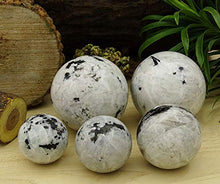 Load image into Gallery viewer, Reikiera Rainbow Moonstone Sphere with Black Tourmaline Crystal Healing Stone Ball Natural Gemstone with Ring Stand- Choose Size
