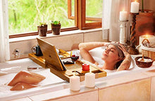 Load image into Gallery viewer, Your Majesty YM Lux Craft Bamboo Bathtub Caddy Tray [Durable, Non-Slip], 1-2 Adults Expandable Bathtub Tray, Beautiful Gift Box, Fits Any Tub Bath - Holds Book, Wine, Phone, Ipad, Laptop
