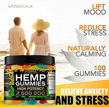 Load image into Gallery viewer, Vitamax Hemp Gummies - Great for Peace &amp; Relaxation - 2,500,000 - Natural Fruit Flavors Tasty Relief – Made in USA – Relaxing Gummies – 100ct
