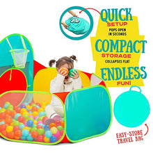 Load image into Gallery viewer, Children’s 5pc Pop Up Play Tent with Ball Pit &amp; Crawl Tunnel – Pretend Playhouse for Kids, Toddlers, Boys, Girls, Indoors &amp; Outdoors – Target Game with 4 Dart Balls – with Carry Case
