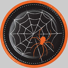 Load image into Gallery viewer, Halloween Party Supplies, Spider &amp; Buffalo Plaid Design, 16 Guests, 129 Pieces, Disposable Paper Dinnerware, Plate, Napkin, Cups, Cutlery and Table Cover Set
