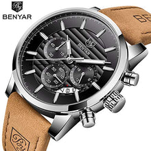 Load image into Gallery viewer, BENYAR Chronograph Waterproof Watches Business and Sport Design Black Leather Band Strap Wrist Watch for Men (Brown Silver Black B)
