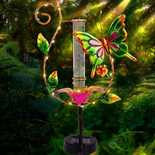 Load image into Gallery viewer, Juegoal 31.5 Inch Rain Gauge, Solar Powered Lighted Butterfly Garden Stakes Decor with 16 LED Warm White Copper Lights, Metal Yard Art Outdoor Lawn Pathway Patio Decorations
