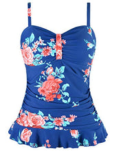 Load image into Gallery viewer, Hilor Women's 50's Retro Ruched Tankini Swimsuit Top with Ruffled Hem Navy&amp;red Floral 18
