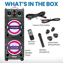 Load image into Gallery viewer, Pyle Portable Bluetooth PA Speaker System - 2000W Active powered Outdoor Bluetooth Speaker Portable PA System w/ Microphone In, Party Lights, USB SD Card Reader, AUX/RCA/FM Radio, Wheels - PSUFM1043BT
