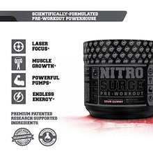 Load image into Gallery viewer, NITROSURGE Black Pre Workout Supplement - Nootropic Energy Booster Powder w/Dynamine &amp; TeaCrine - PreWorkout Nitric Oxide Booster - 30 Servings, Sour Gummy
