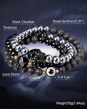 Load image into Gallery viewer, XHUUU Black Obsidian / Terahertz / Lava Stone Beaded Wrap Couples Bracelets for Men and Women Small Skull Statue Evil Eye Bracelet Essential Oil Diffuser Bracelet
