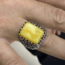 Load image into Gallery viewer, Men Silver Ring, Amber Stone Ring, Honey Amber Gemstone, Embroidered Ottoman Jewelry, 925 Sterling Silver Ring, Gifts for Him
