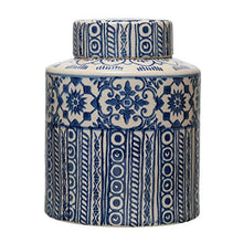 Load image into Gallery viewer, Creative Co-Op Decorative Stoneware Ginger Pattern, Blue &amp; Cream Color Jar
