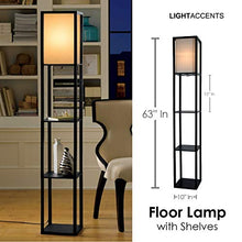 Load image into Gallery viewer, Floor Lamp with Shelves - Room Light by Lightaccents - Corner Storage Standing Bookshelf Lamp - Bedroom Light with Wooden Storage Shelves and White Cotton Linen Shade (Black)
