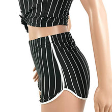 Load image into Gallery viewer, Women’s 2 Piece Outfits – Letter Print Stripe Baseball Sweatsuits Short Sleeve Button Down Shirts Top + Shorts Set Tracksuit Black Medium
