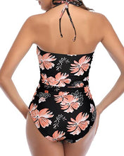 Load image into Gallery viewer, Tempt Me Women Floral Sexy Cutout One Piece Swimsuits Tummy Control High Waisted Halter Front Tie Knot Bathing Suit S
